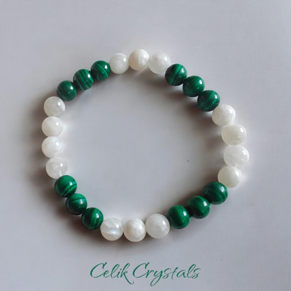 Malachite and Moonstone Bracelet Natural Stones 8mm Unisex